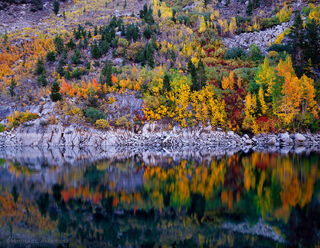 Fall Color speckles the shore and reflection in Lake Sabrina in the Eastern Sierra of California.