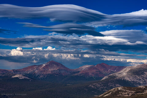 Lenticular clouds hover over the Dana Crest, in Yosemite National Park, as viewed from Upper Cathedral Peak.