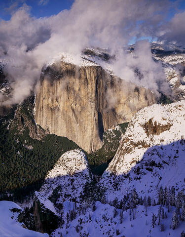 A winter photograph of El Capitan in Yosemite National Park