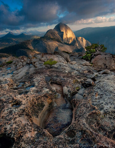 The back side of Half Dome as viewed from the summit of Mout Watkins at sunset in Yosemite National Park.
