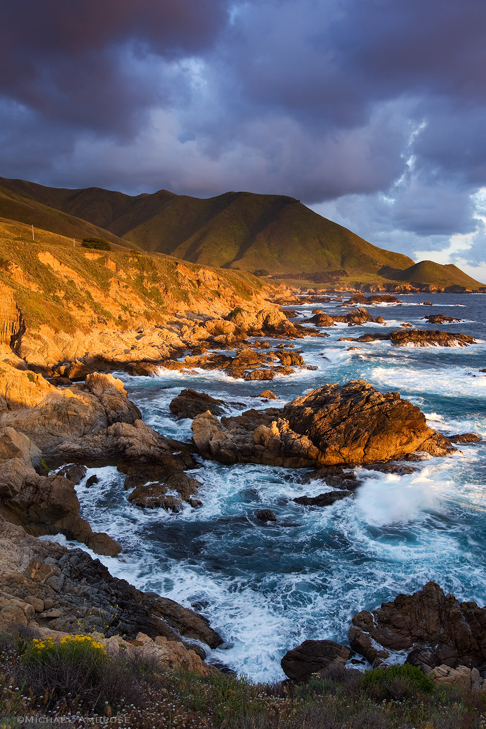 The Big Sur shoreline, specifically Garapada Headlands, boasts steep, dramatic cliffs, rocky shores, wildflower blankets and swirling ocean swells.