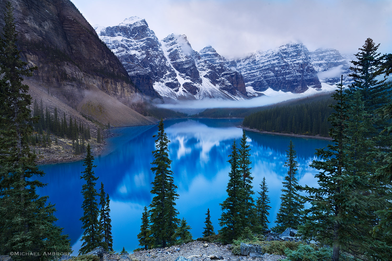 Moraine lake, a beautiful glacier-fed blue lake, is in Banff National Park in Alberta Canada.