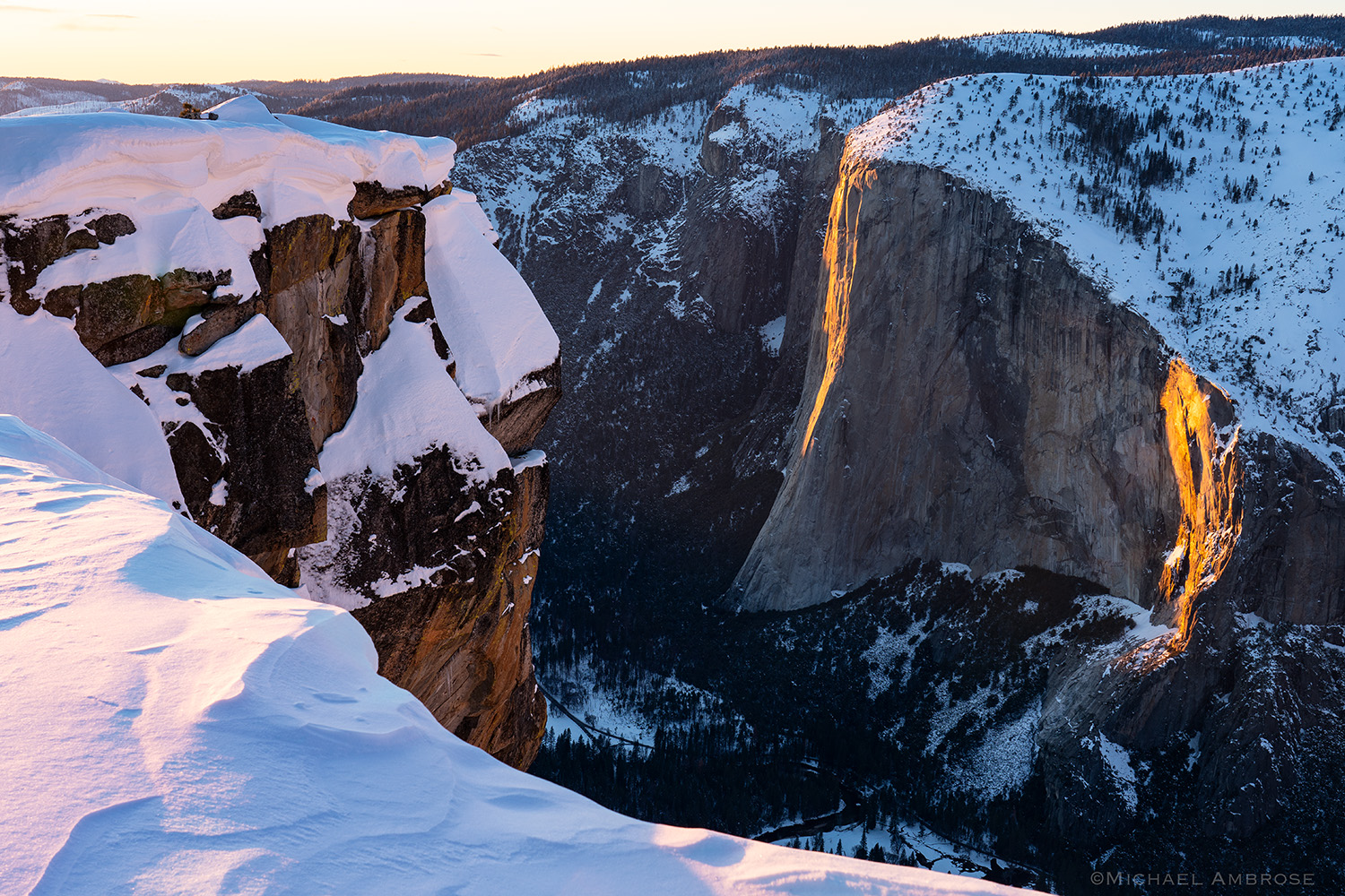 Winter Light on Horsetail Fall And El Capitan, Taken from Taft Point, Yosemite National Park.