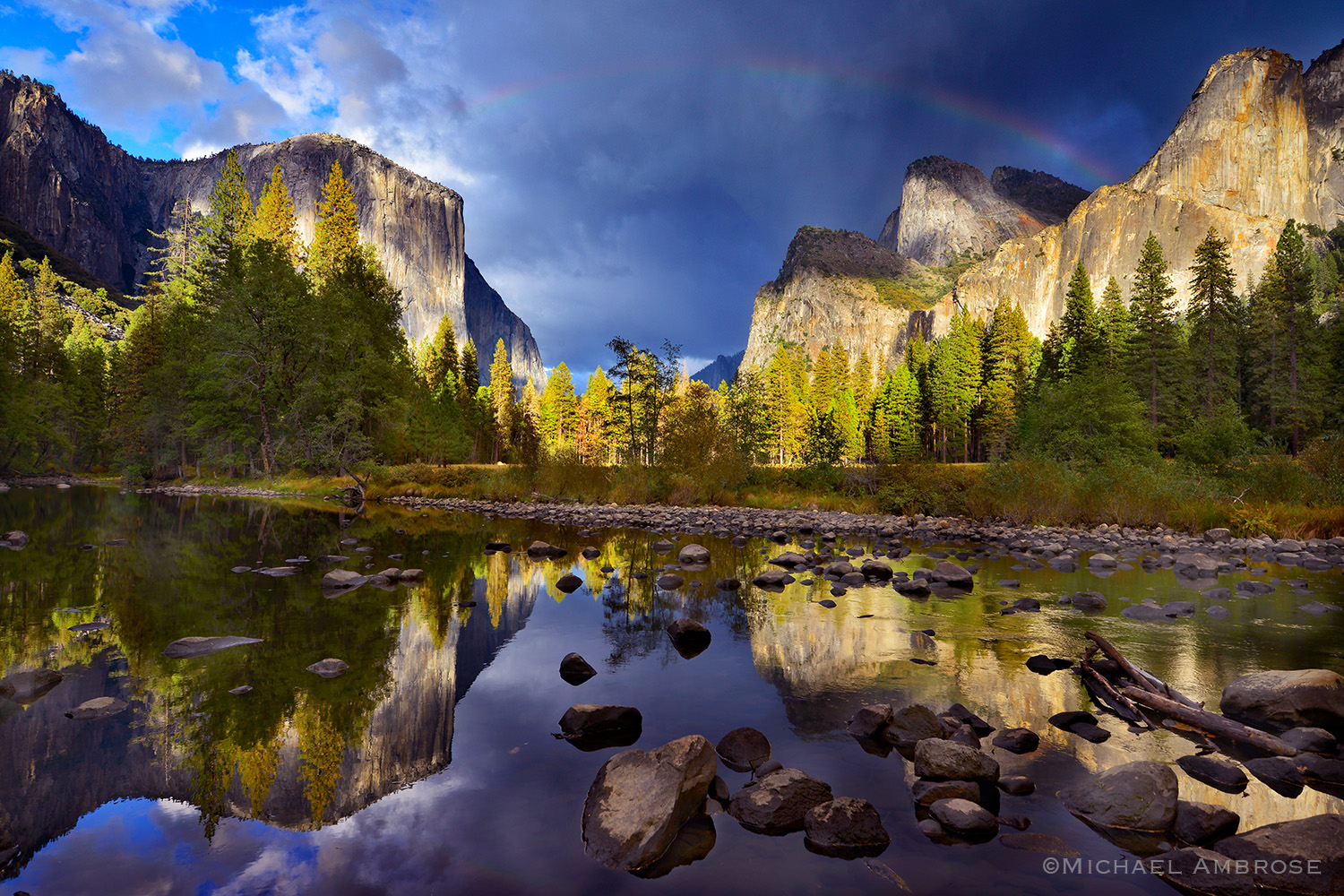 Reflections of El Capitan, Cathedral Rocks, and the Merced River come alive after a storm in Yosemite Valley, Yosemite National Park.
